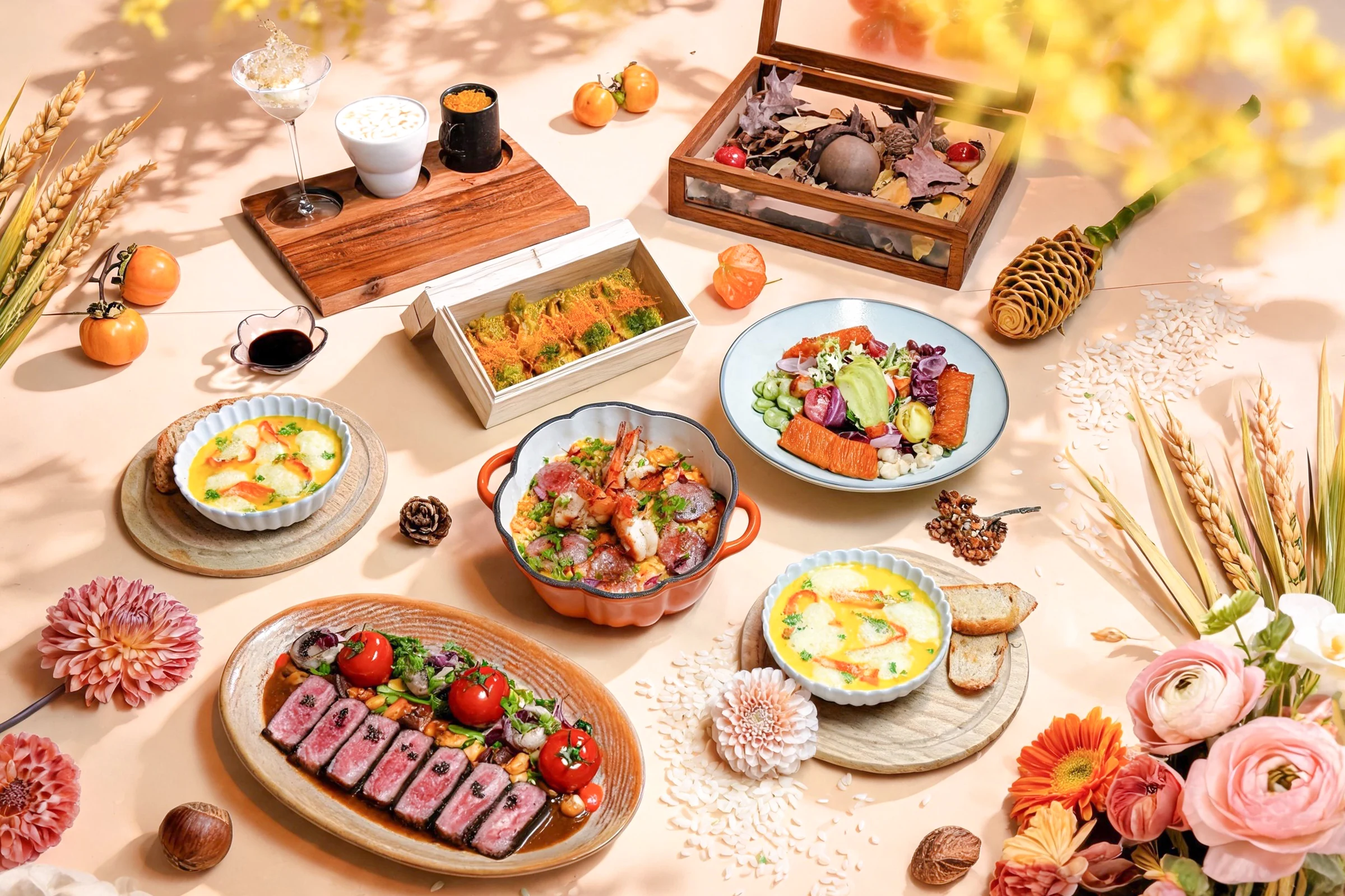 Tomacado autumn and winter dishes, desserts and rice trilogy arranged on a seasonal table
